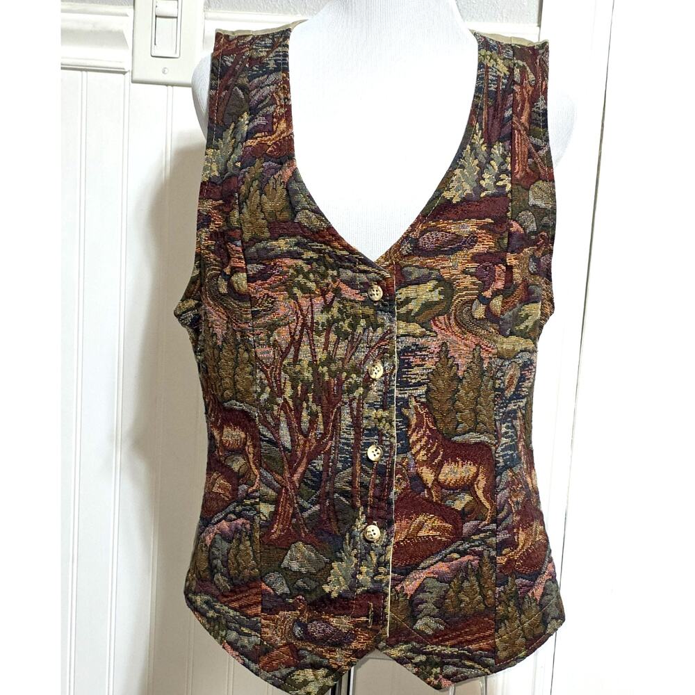 Vintage Willowbend Wolves Tapestry Vest Large USA Made 90s Cottagecore Boho